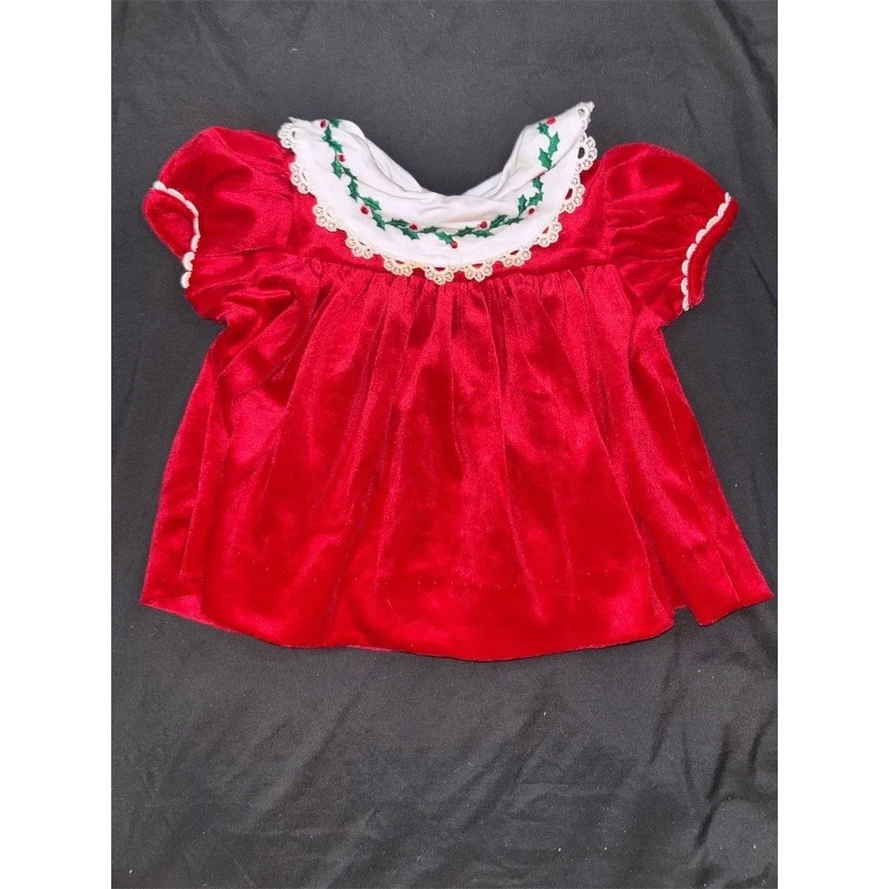 Vintage Baby Girl Christmas Dress Red Holly Embroidery 12M velvet Union Made USA